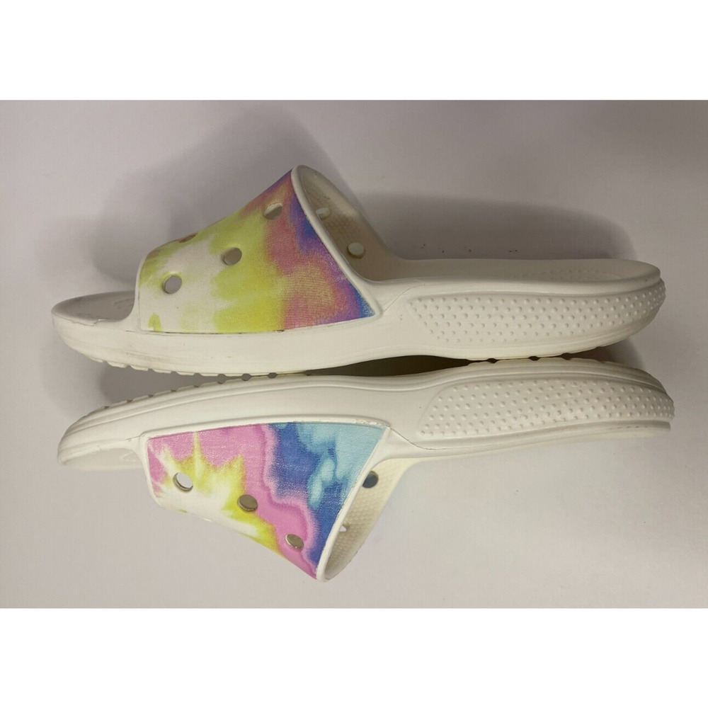 Crocs Iconic Comfort Slides Women's Sz 8 White Pastel Tie Dye Pink Yellow Blue - Picture 5 of 7